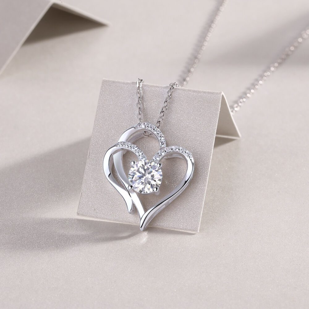 Heart To Heart Connected Luxury Fashion Diamond Pendant Necklace Set With Mosan Diamond Silver Ornaments - Image 3