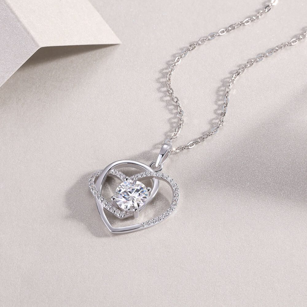 Heart To Heart Interlocking Luxury Fashion Diamond Pendant Necklace Set With Mosan Diamond Silver Ornaments - Image 4