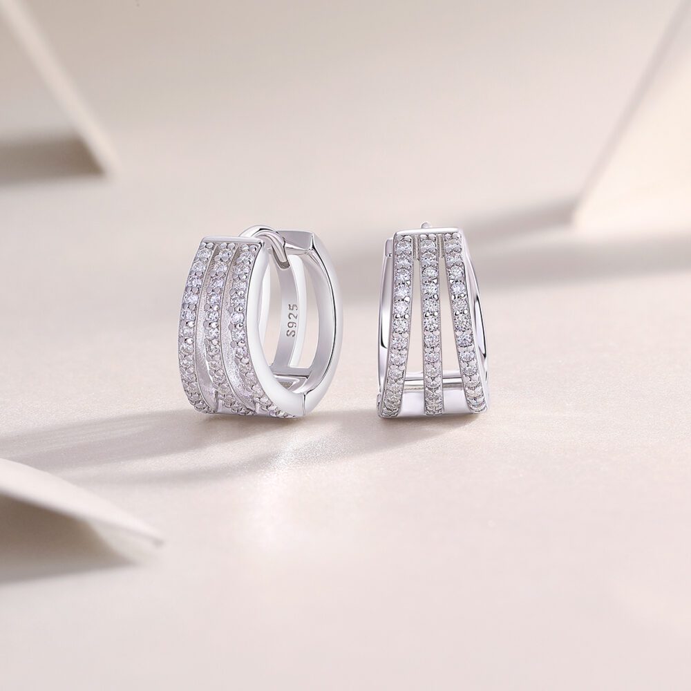 Trilux Hoops  Triple Row Moissanite Earrings in S925 Sterling Silver - Image 4