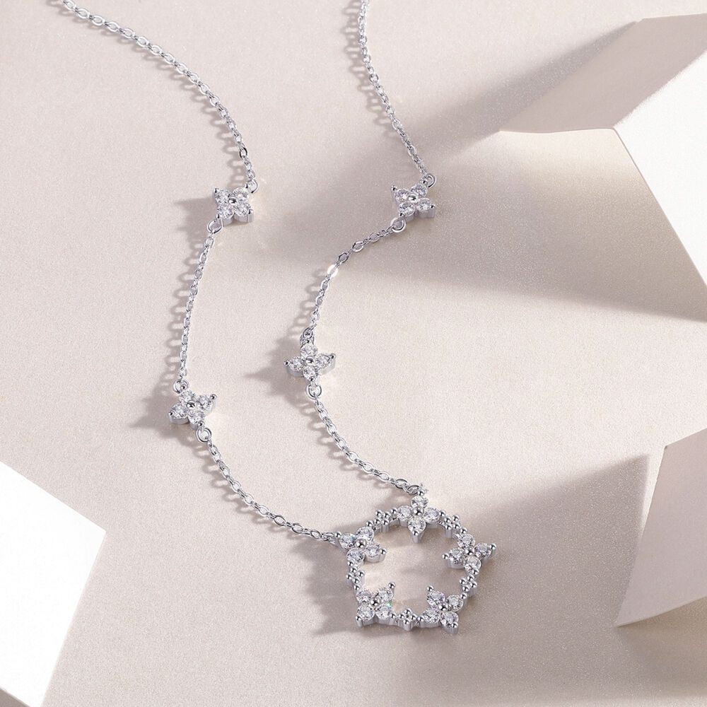 Iris Flower Luxurious Fashion Diamond Pendant Necklace Set With Mosan Diamond Silver Ornaments - Image 3