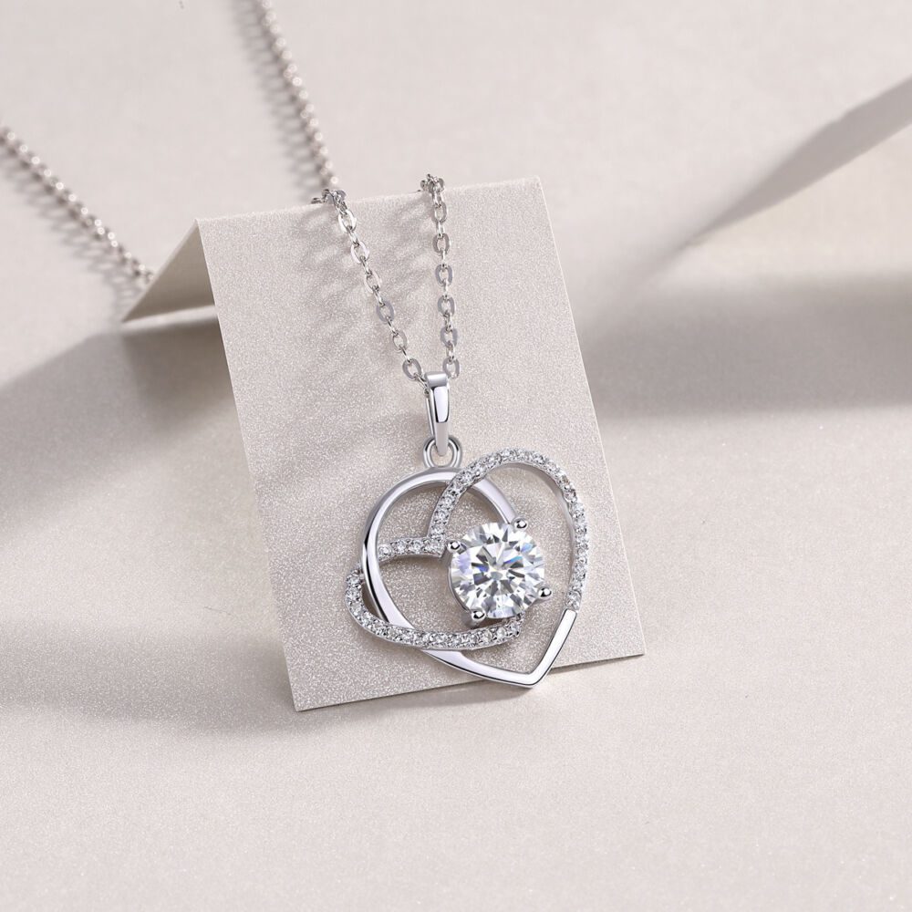 Heart To Heart Interlocking Luxury Fashion Diamond Pendant Necklace Set With Mosan Diamond Silver Ornaments - Image 3