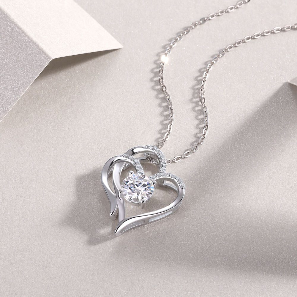 Heart To Heart Connected Luxury Fashion Diamond Pendant Necklace Set With Mosan Diamond Silver Ornaments - Image 4