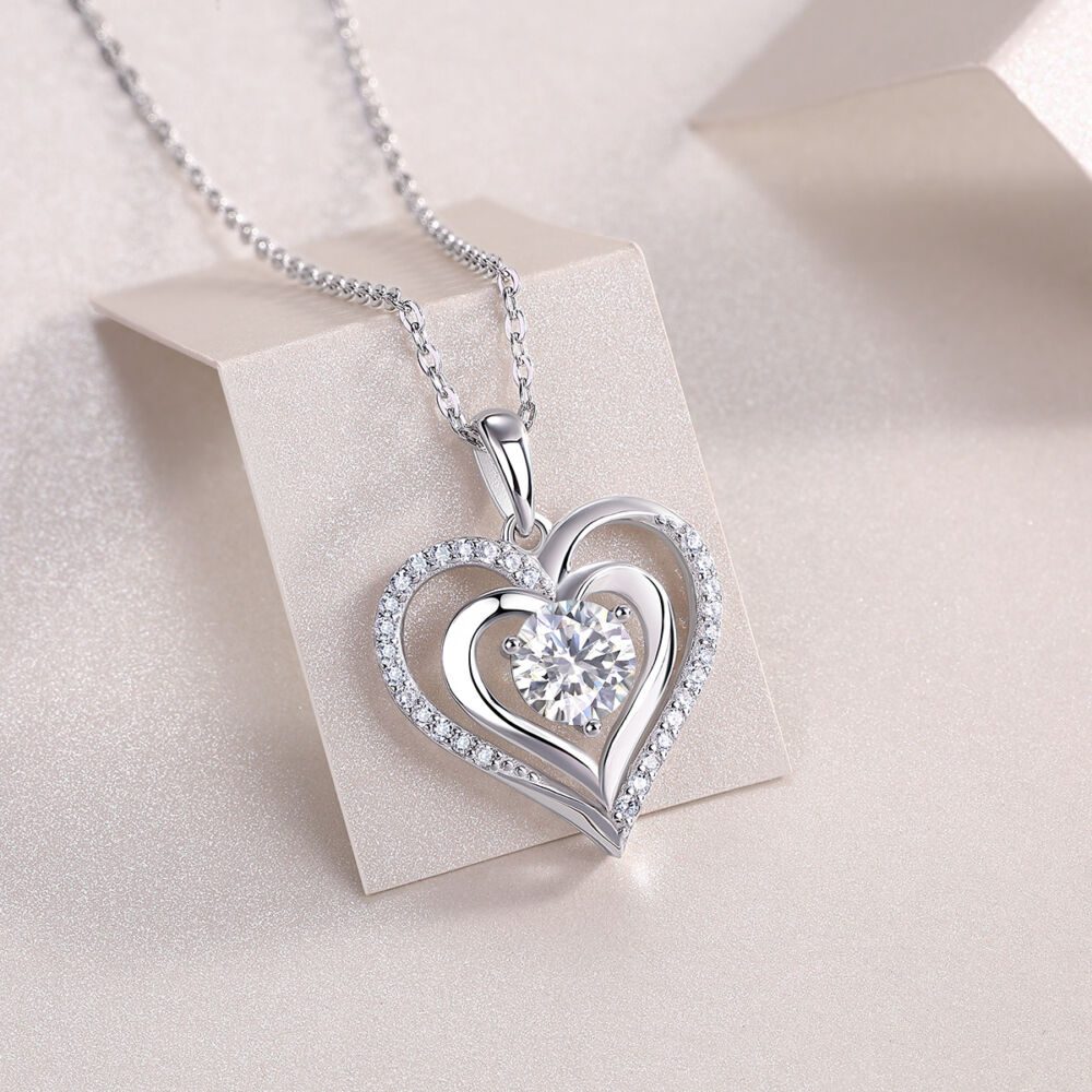 Heart To Heart Luxury Fashion Diamond Pendant Necklace Set With Mosan Diamond Silver Ornaments - Image 3